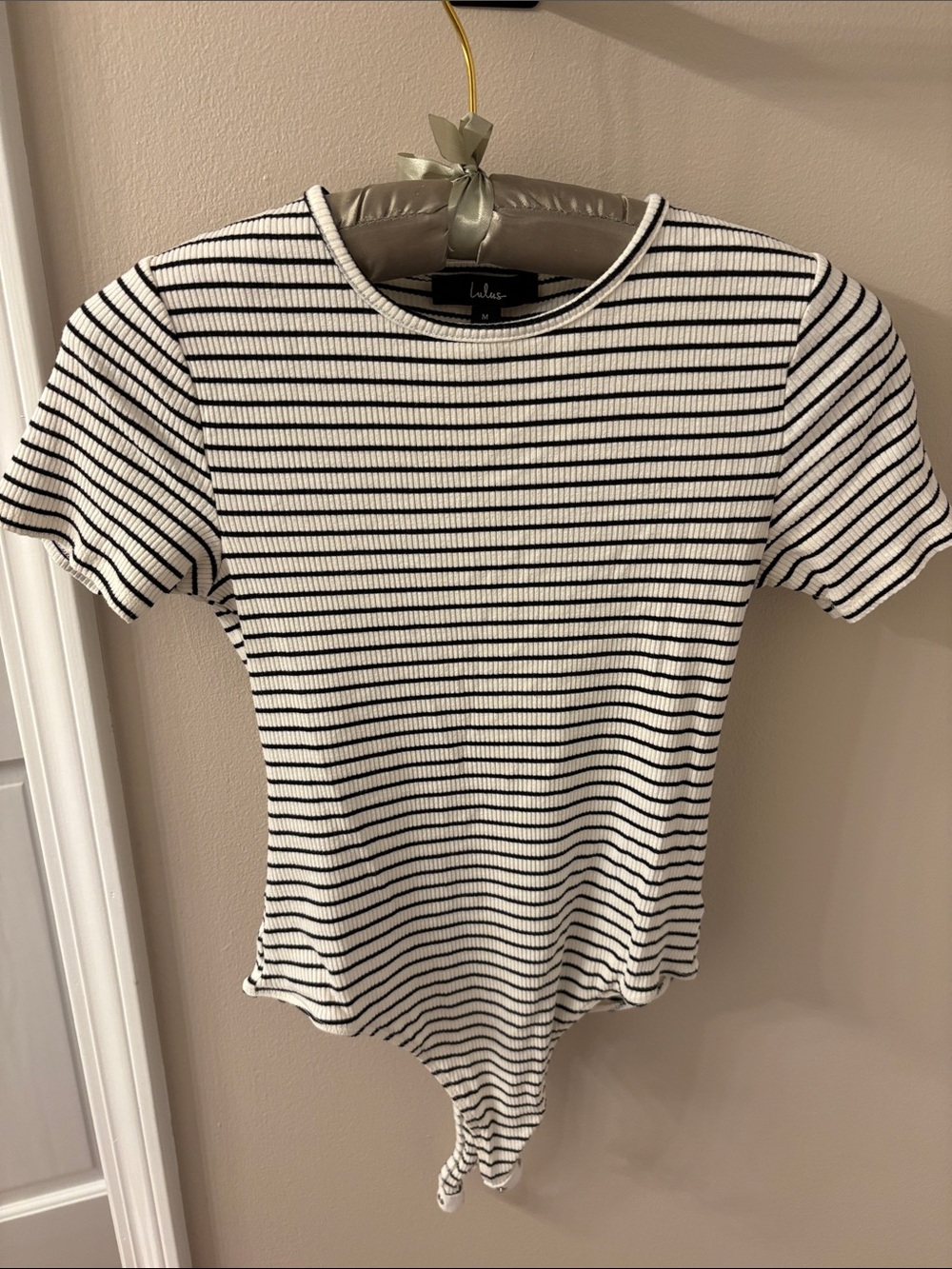 Lulu's Black & White Striped Ribbed Short Sleeve Bodysuit